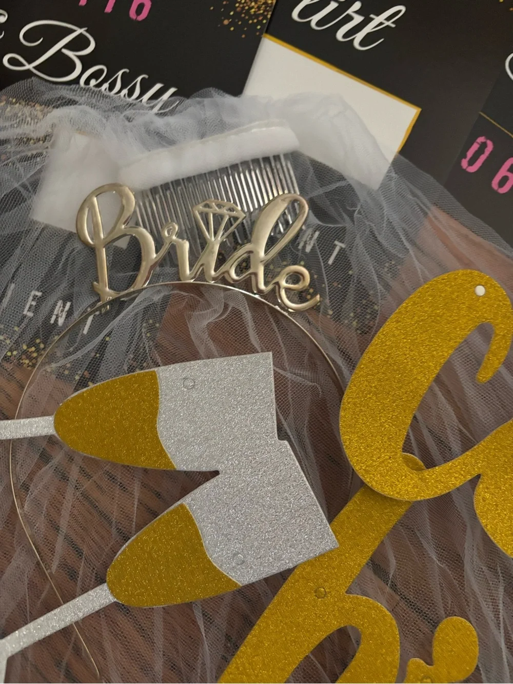 Bride to Be Bachelorette Party Sash and Decorative Signs - White and Gold